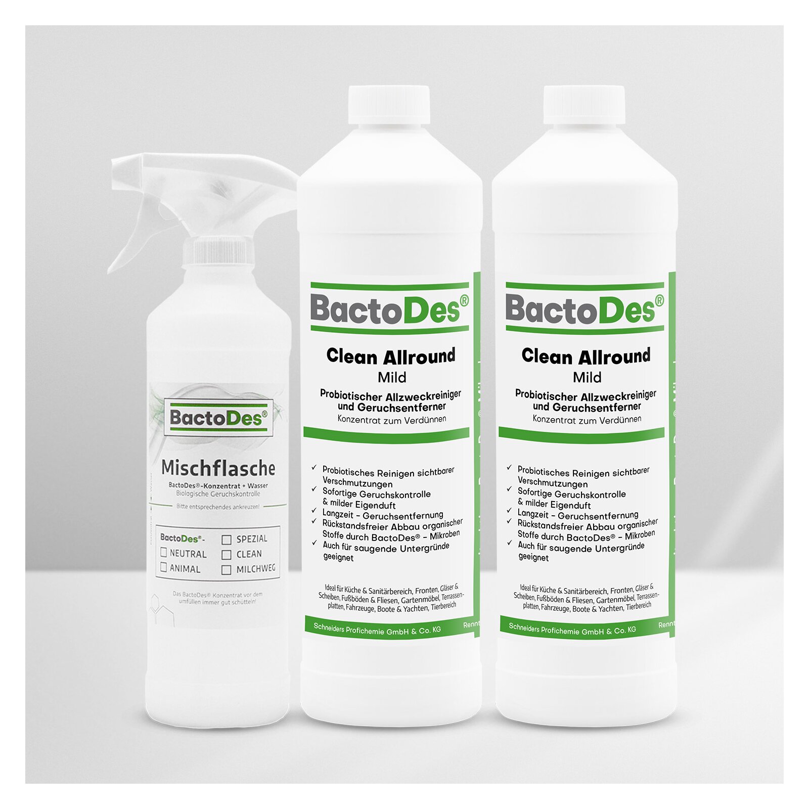 BactoDes(R) Clean Allround  Mild 2x1 Liter Set inkl1 Misch und Sprühflasche unter Fussboden- und Teppichreiniger 