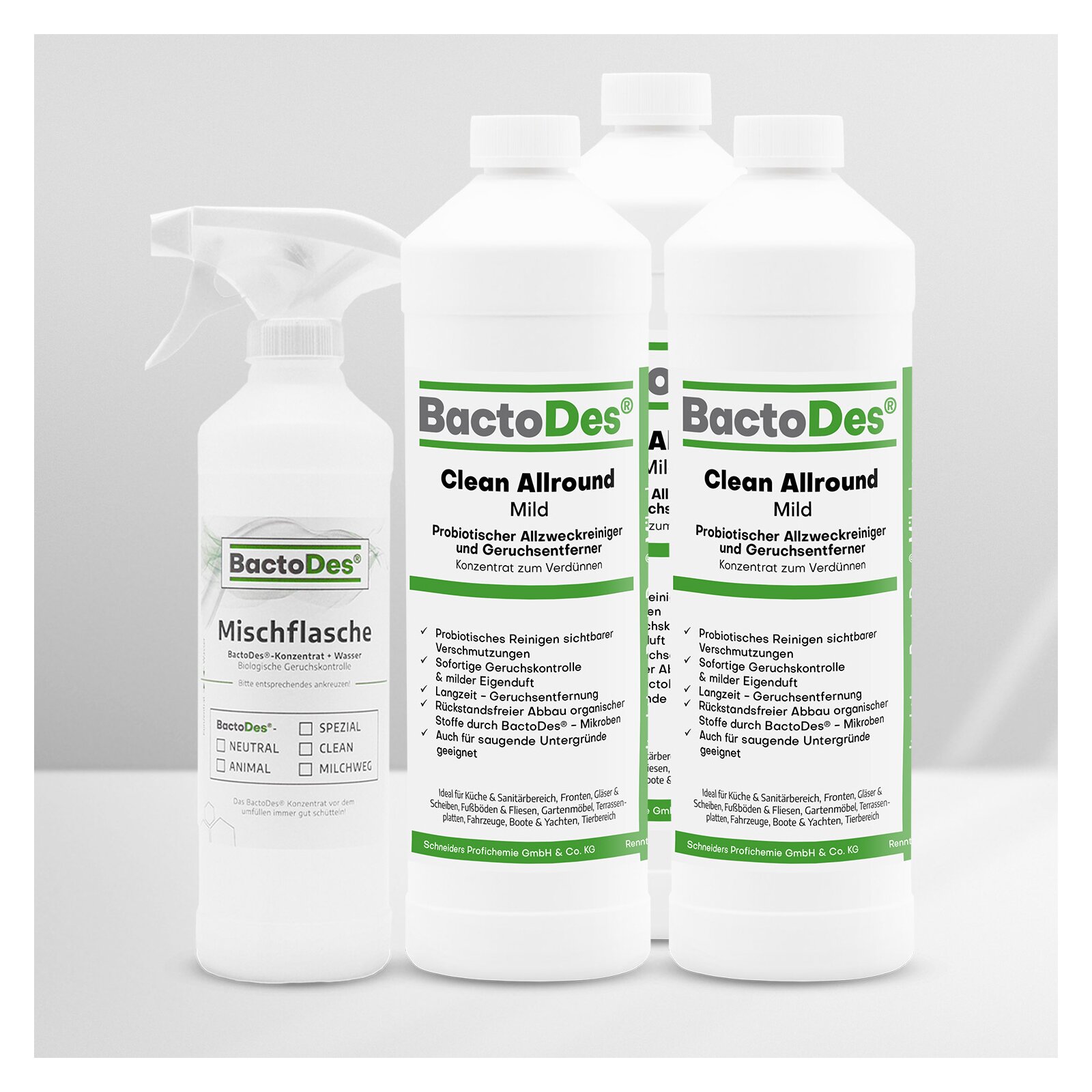 BactoDes(R) Clean Allround  Mild 3x1 Liter Set inkl1 Misch und Sprühflasche