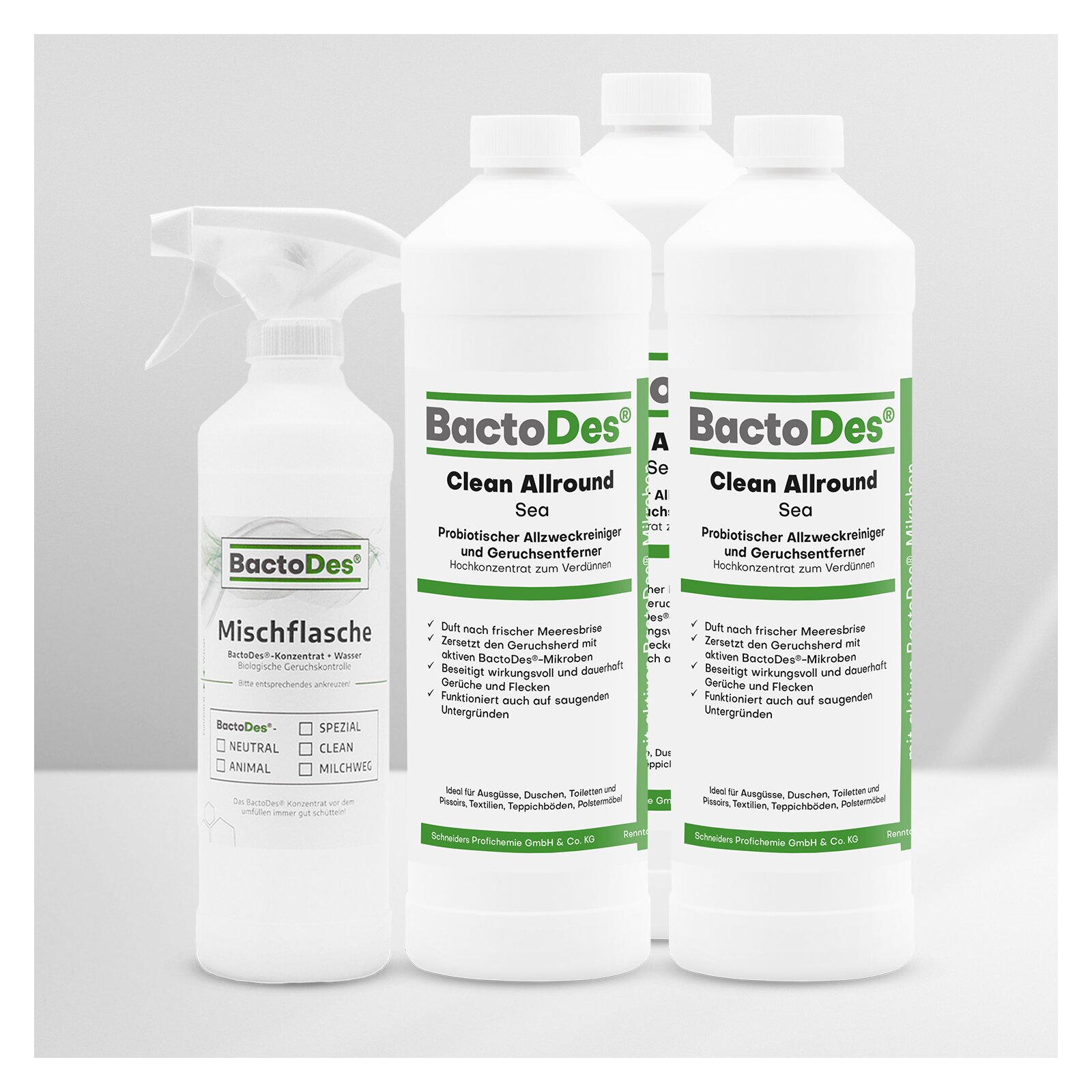 BactoDes(R) Clean Allround  Sea 3x1 Liter Set inkl 1 Misch und Sprühflasche unter Fussboden- und Teppichreiniger 