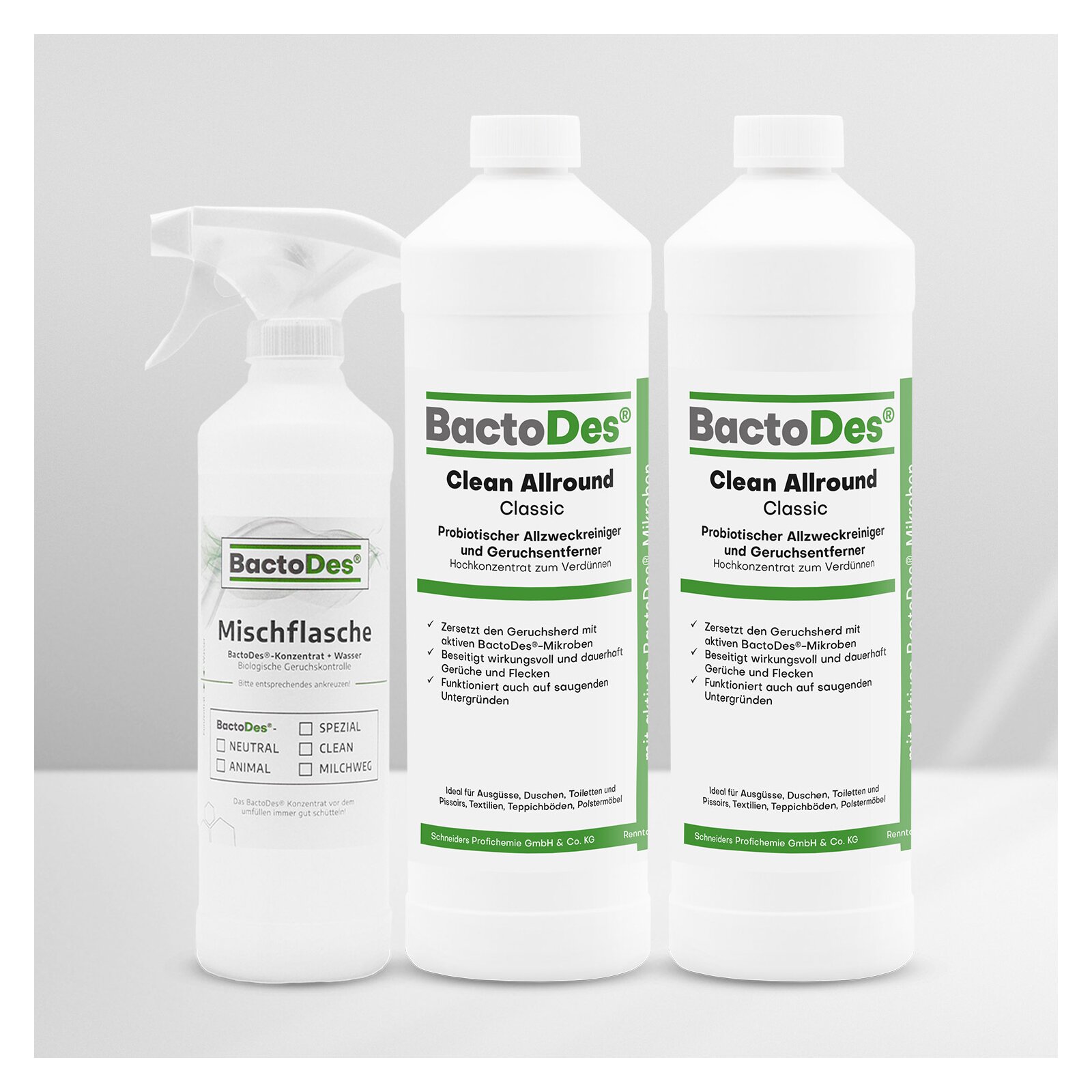 BactoDes(R)Clean Classic  Das bewährte blumig  fruchtige BactoDesClean 2x1 Liter Set incl1 Misch und Sprühflasche