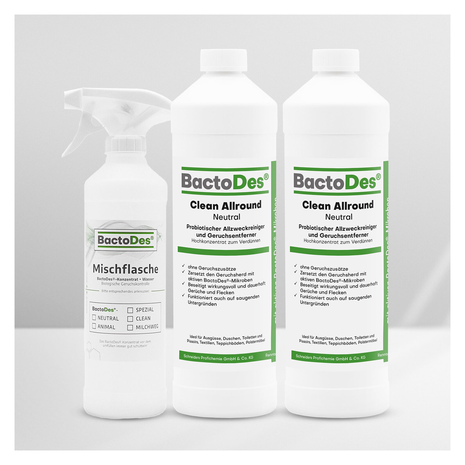 BactoDes(R)Clean Neutral  Geruchlos  ohne Geruchszusätze 2x1 Liter Set incl1 Misch und Sprühflasche