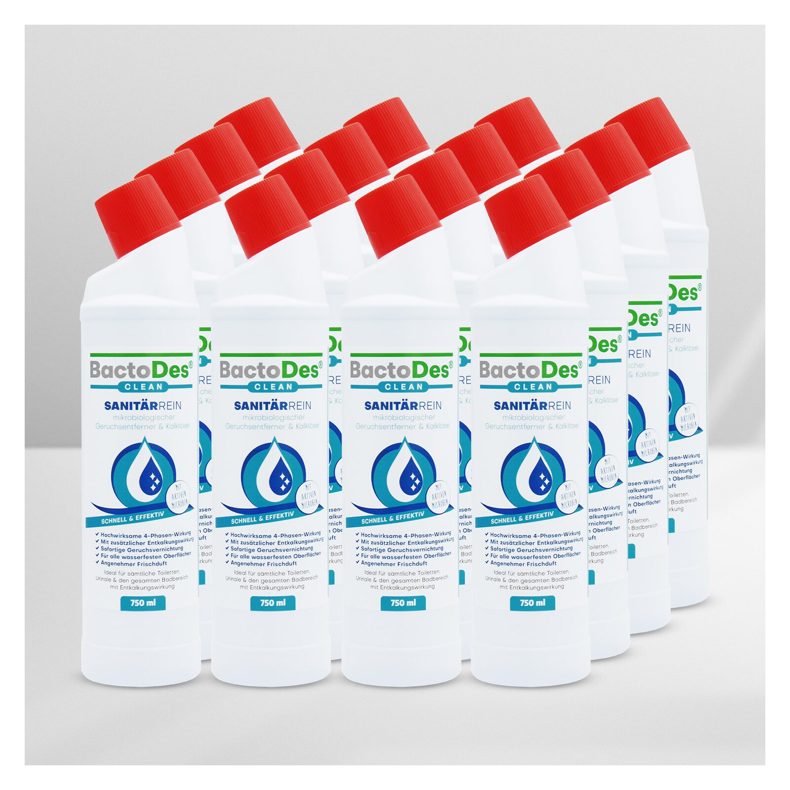 BactoDes(R) SanitärRein  Mikrobiologischer Sanitärreiniger und Geruchsentferner 750ml Flasche 16 Flaschen unter BactoDes - die Marke gegen ueble Gerueche